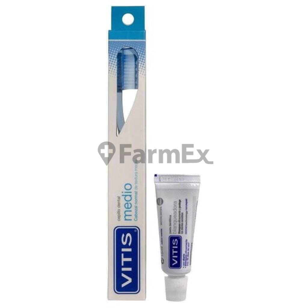 Pack Vitis Cepillo Dental Medio + Pasta dental "Blanqueadora" x 15 mL Farmex-Fonasa-Persistente